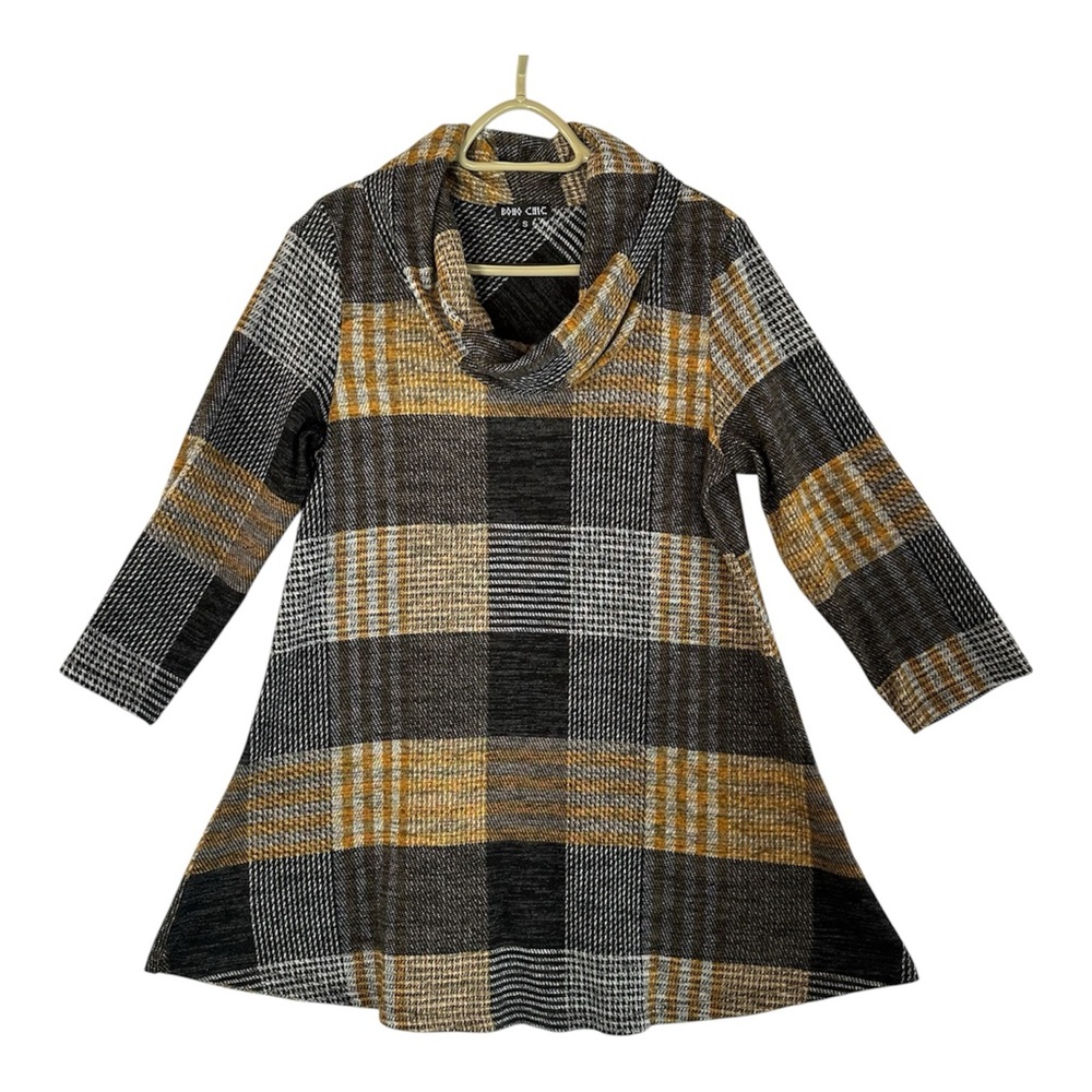 BOHO CHIC Women’s Black Gold Grey Plaid Cowl Neck Tunic Button Detail Size Small